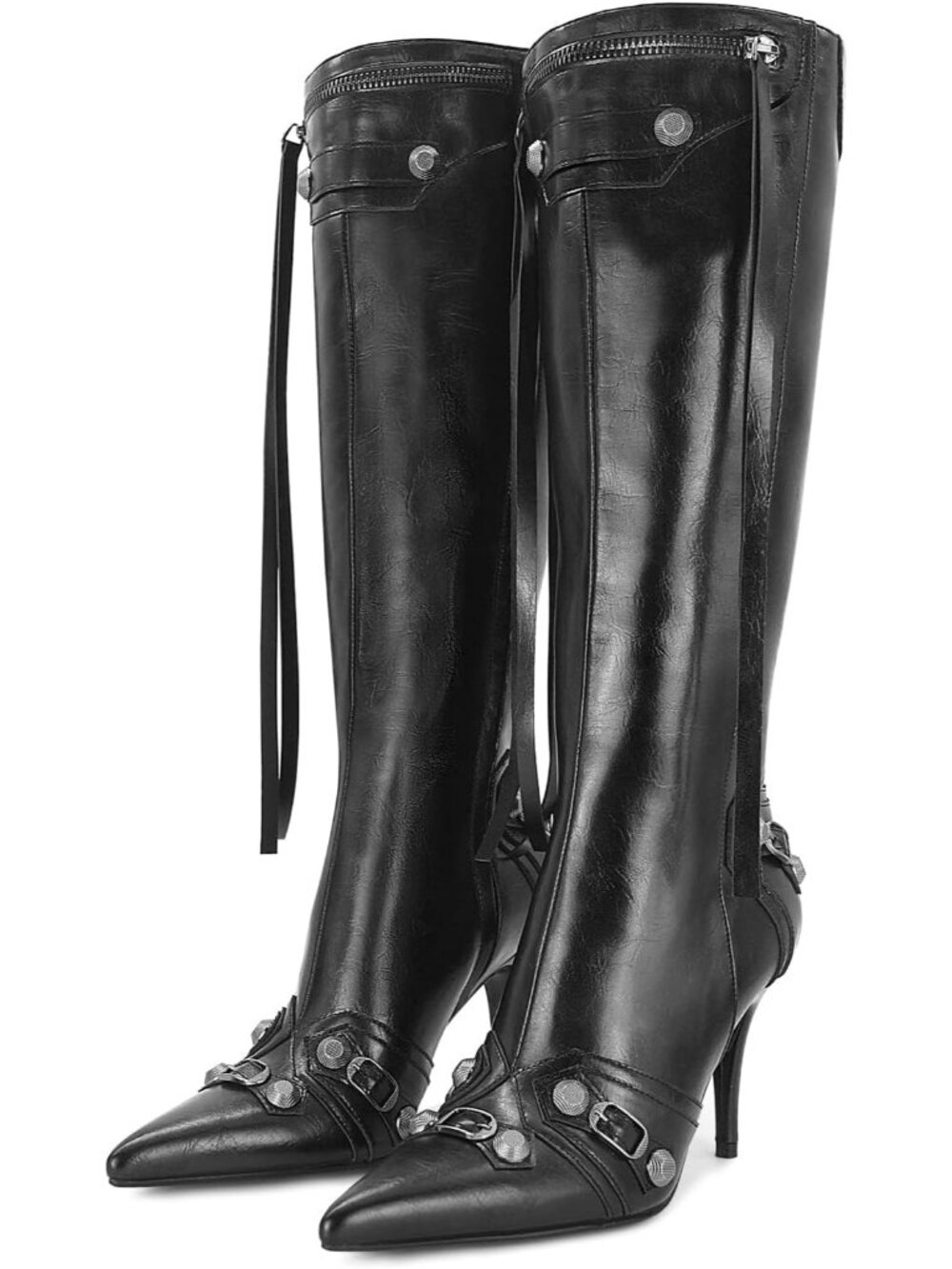 Women's Black Stiletto Knee High Boots Pointed Toe Boot High Heel Boots Zipper